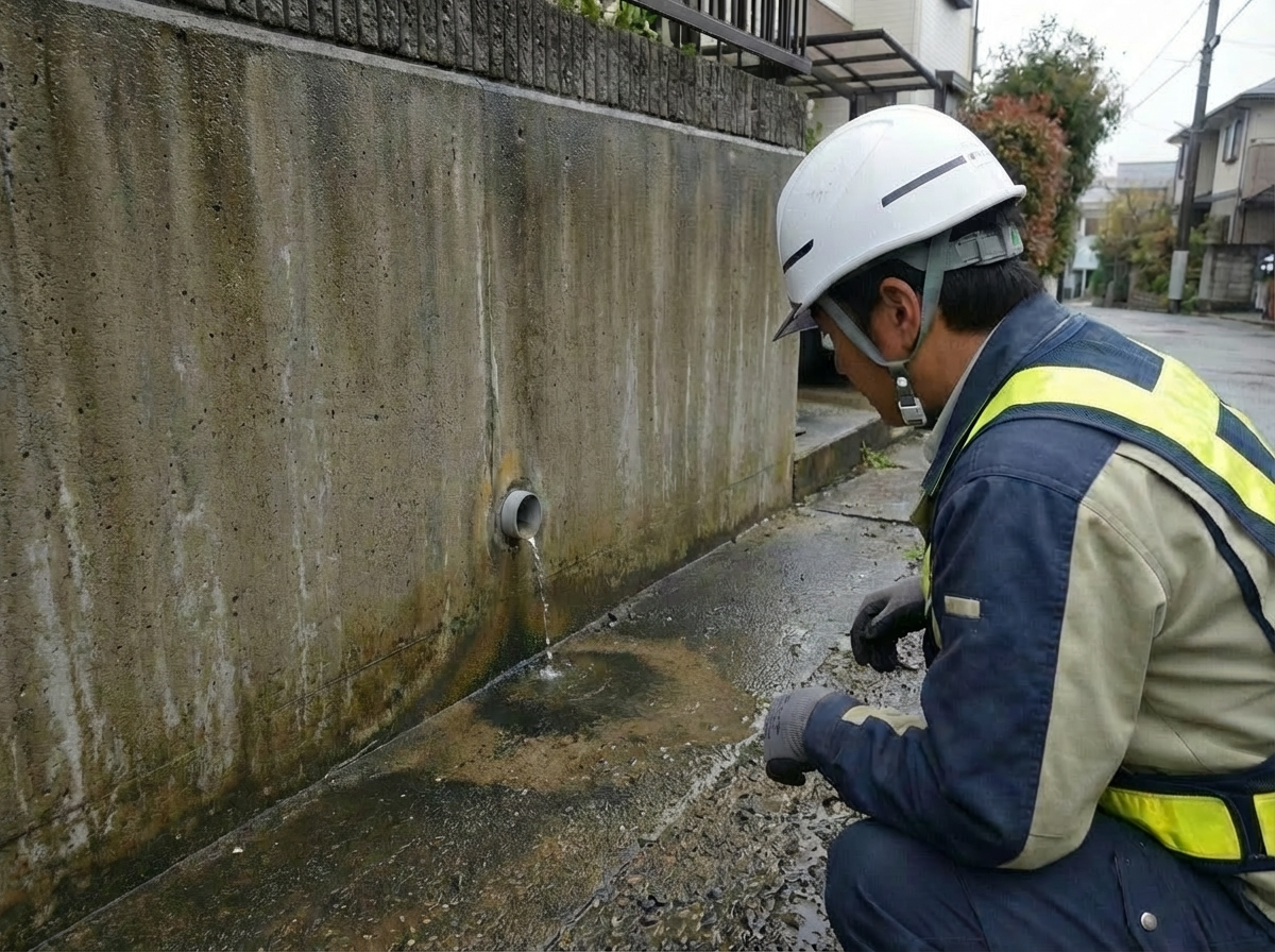 擁壁の計測・排水確認